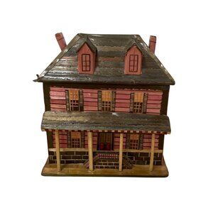 Vtg Balsa Wood Straw House Jewelry Trinket Box Removable Roof Cooper Rose Gold